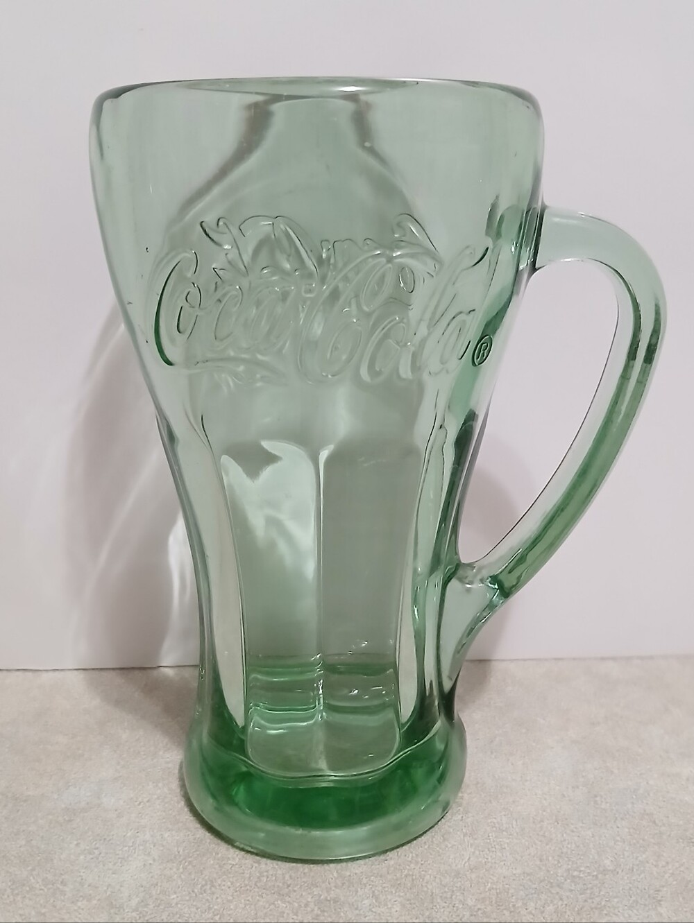 Vintage Coca Cola Green Embossed Logo Thick Glass Cup Mug Handle 6.25" Tall